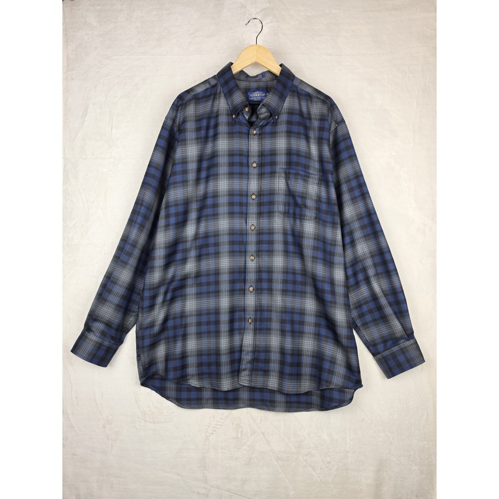 Pendleton Sir Pendleton Worsted Wool Shirt Mens XXL Long Blue Plaid Button Down
